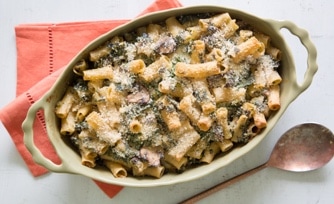 Cheesy Baked Pasta with Kale and Mushrooms