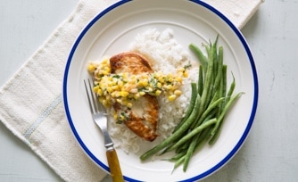 Chicken with Creamy Basil Corn Sauce and Steamed Rice and Green Beans