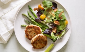 Tuna Cakes with Lemony Artichoke Hearts and Asparagus