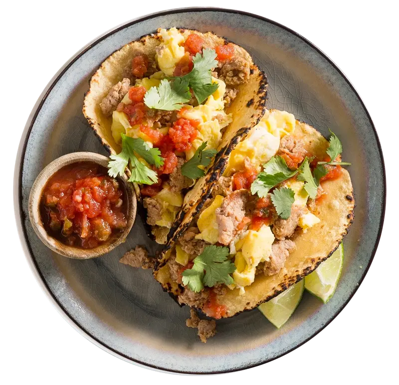 Showing a picture of Tex-Mex Egg and Sausage Tacos Recipe from quick and healthy meal planner by emeals