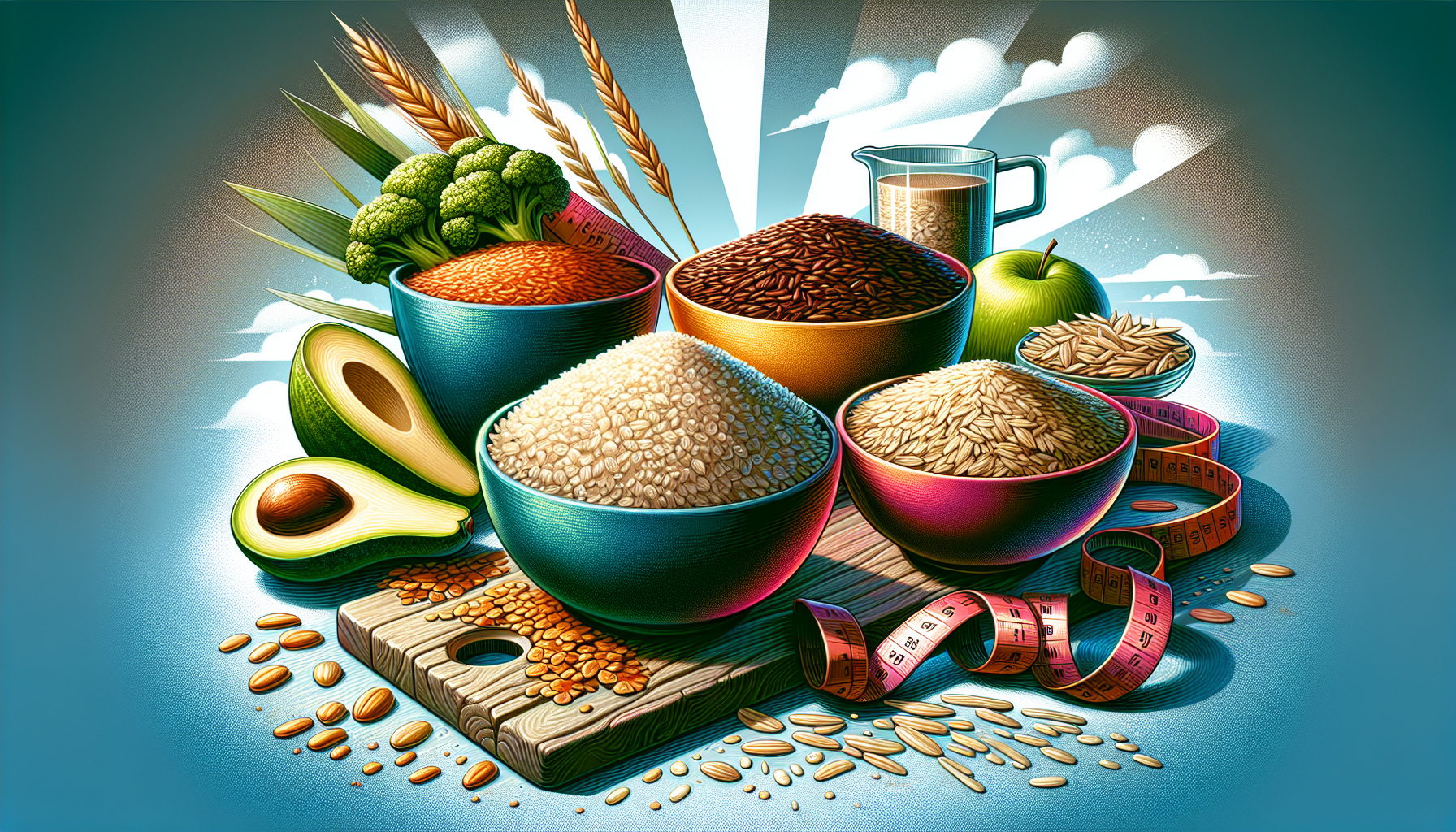 Illustration of whole grain options such as quinoa, brown rice, and oats