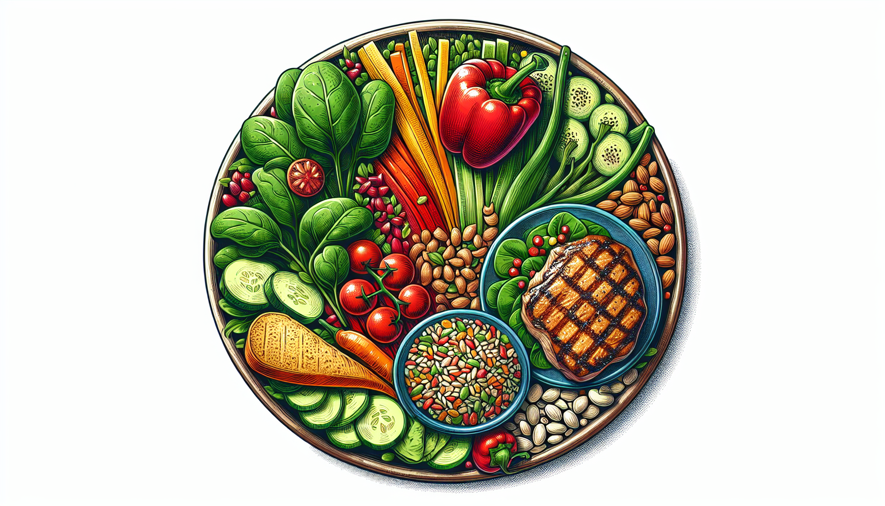 Illustration of a balanced meal with non-starchy vegetables, whole grains, nuts, and lean protein