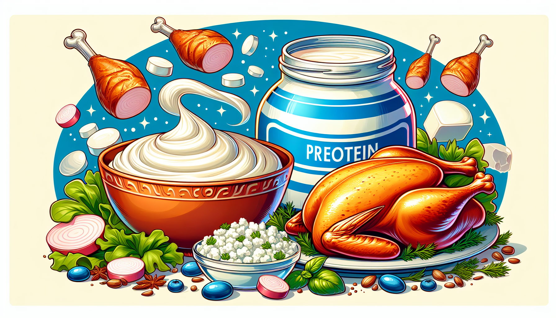 Illustration of lean protein sources such as plain yogurt, cottage cheese, and poultry