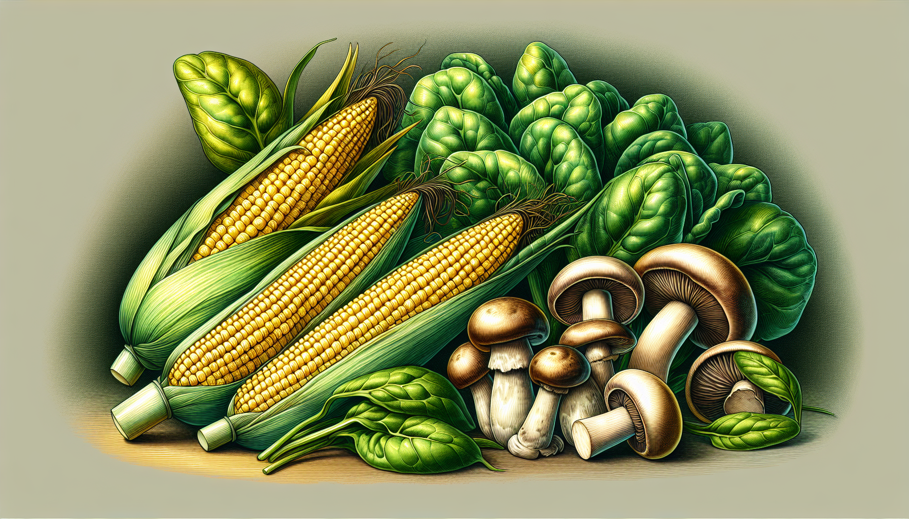 Illustration of low-carb vegetables like baby corn, spinach, and mushrooms