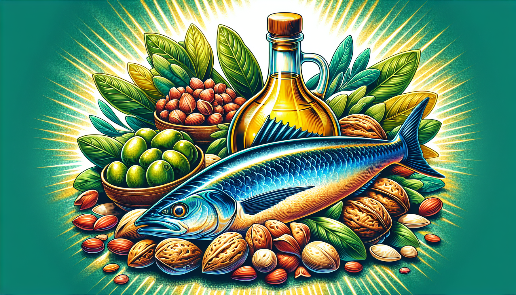 Illustration of healthy fat sources including olive oil, nuts, and fatty fish