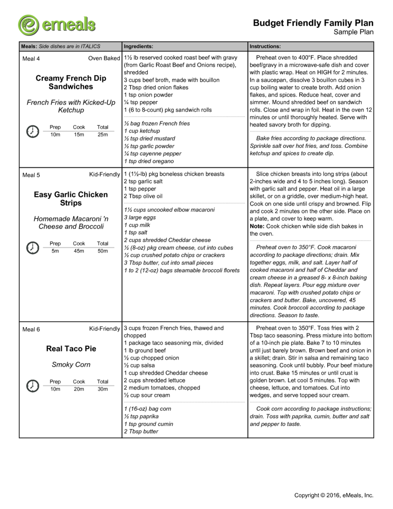 eMeals Plan Sample